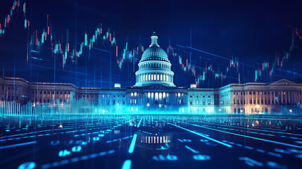 Capitol Building Illuminated at Night With Digital Data Overlay
