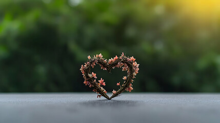 Obraz premium Delicate Pink Flower Heart on a Gray Surface with Blurred Green Background in Soft Sunlight
