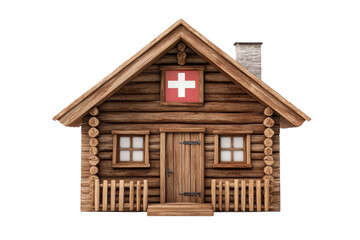 Cozy wooden cottage with a Swiss flag in a peaceful mountain landscape during daylight isolated on transparent background