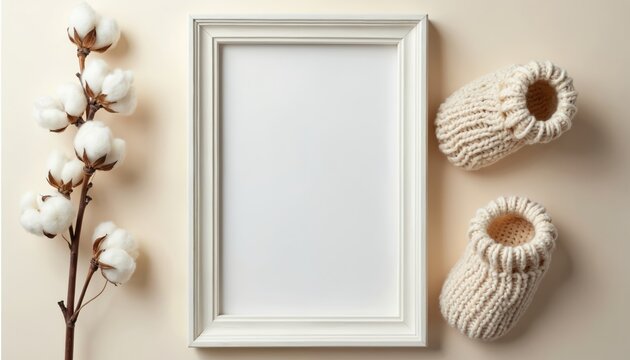 Vertical white wooden frame mockup with cotton plant branch, knitted baby booties. Nursery art, baby shower invitation, minimalist design, neutral background. Top view flat lay for baby room