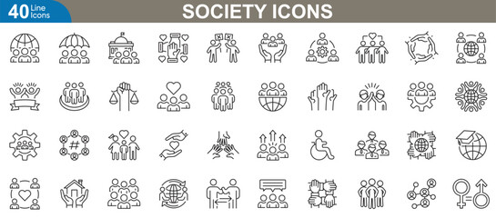 Society icons set. Representing social values, justice, equality, civic engagement, human rights, cultural diversity, public services, sustainable development and more. Vector illustration