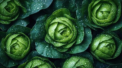 Fototapeta premium Dew-kissed green cabbages, garden closeup, lush foliage, food background