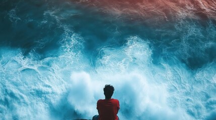 Fototapeta premium Man sitting on cliff overlooking powerful ocean waves.