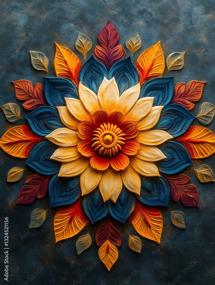 Poster Colorful flower mandala design creating a beautiful pattern with petals and leaves