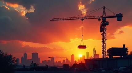 Construction site silhouette at sunset with cranes lifting materials against a vibrant sky and cityscape