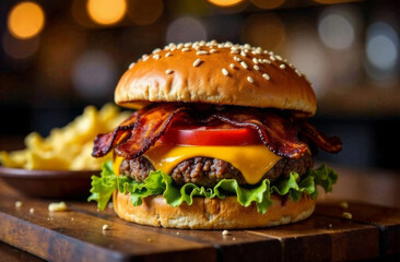 Beef burger with cheese, fried bacon, fresh vegetables on wooden board, French fries nearby. Unhealthy food