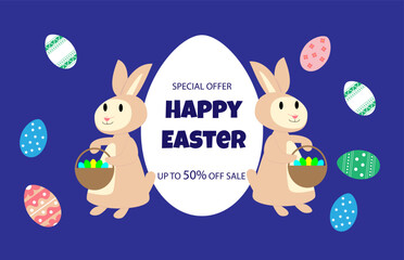Sale banner with rabbit and easter eggs. For poster, card, banner, discount, special offer, cover, menu, advertising. Vector illustration EPS10 
