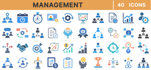 "Management Icon Set - Business Strategy, Teamwork, Leadership, Goals, Analytics, Planning, Success, Organization, Workflow, Growth, Productivity, Marketing"