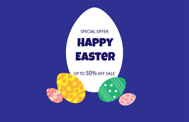 Sale banner with easter eggs. For poster, card, banner, discount, special offer, cover, menu, advertising. Vector illustration EPS10 
