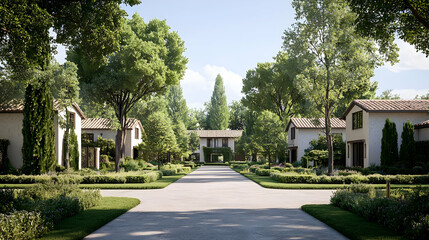 Lush Green Trees Frame Elegant Pathway Leading To Villas Under Bright Sunny Sky Landscape View
