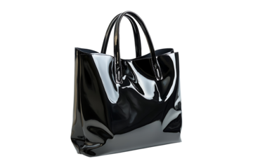 A black shiny bag with a handle Isolated on White and Transparent Background PNG Image.