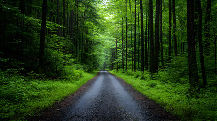 Obraz premium Lush Green Forest Path Under Rain Leading Into Light With Wet Road and Surrounding Trees