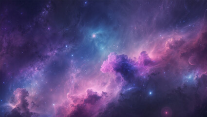 Naklejka premium Celestial-inspired background with deep space purple, cosmic blue, and soft pink nebula. Soft galaxy gradients, dreamy stardust, and subtle glowing elements create a futuristic yet elegant design