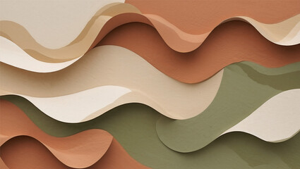 Minimalist nature-inspired background with soft organic shapes in warm beige, terracotta, and soft olive green. Flowing patterns resemble sand dunes or watercolor strokes with a subtle grainy paper
