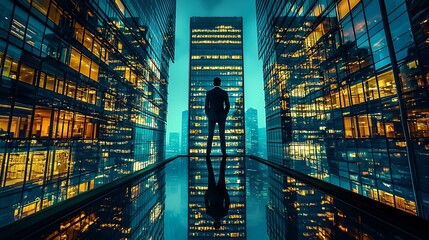 Businessman on rooftop glass platform, city lights reflection, urban skyline
