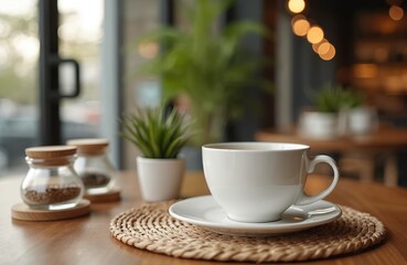 Fototapeta premium Modern cafe ambiance with table settings. Coffee cup, jars, plants on wooden table. Warm beverage, drink concept. Indoor decorations, restaurant interior. Coffee break, cafe culture. Enjoyment,