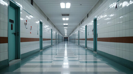 Obraz premium Long Hallway Perspective View With Blue Doors And White Tile Walls Under Bright Fluorescent Lights