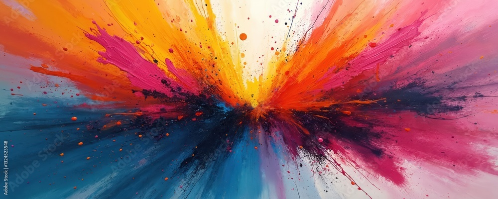 Poster vibrant explosion of bold brushstrokes with merging paint splatters, creating dynamic colorful panor