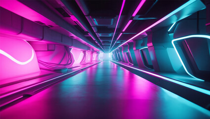 Bold cyberpunk-inspired background with vibrant magenta, electric blue, and deep black. Neon-style gradients, soft glow effects, and abstract futuristic waveforms create a dynamic, high-energy,