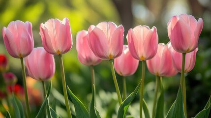 Fototapeta premium Stunning close up image of beautiful pink tulip flowers in full bloom amidst a verdant garden setting showcasing the delicate petals vibrant color