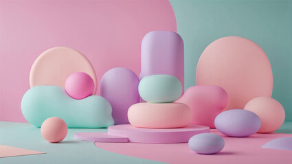 Playful and youthful background with bright pastel pink, soft mint, and light lavender. Soft, bubbly shapes and rounded geometric elements add a whimsical touch while keeping the design clean
