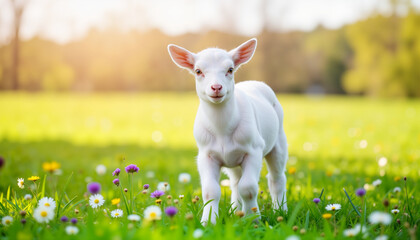 Obraz premium Curious baby goat exploring vibrant meadow with wildflowers, springtime joy