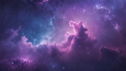 Celestial-inspired background with deep space purple, cosmic blue, and soft pink nebula. Soft galaxy gradients, dreamy stardust, and subtle glowing elements create a futuristic yet elegant design