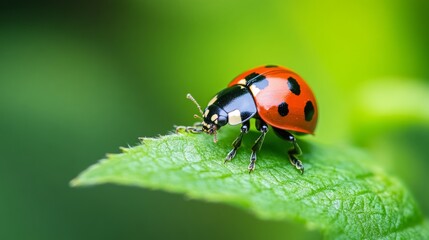 Fototapeta premium Macro shot of a ladybug on a leaf in the garden.