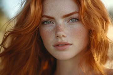 Portrait of redhead model showing stunning freckles and green eyes
