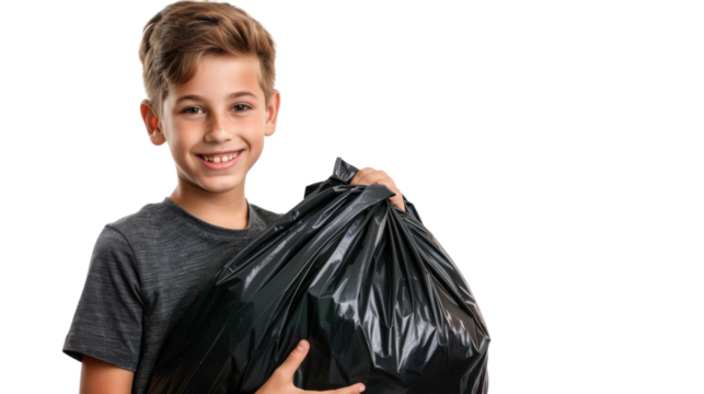 Smiling boy holding large black trash bag - Powered by Adobe