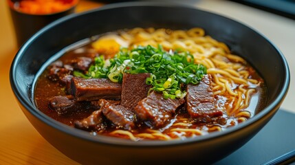 Savory Noodle Bowl: A close-up shot of a rich, dark broth brimming with perfectly cooked noodles, tender slices of meat, a soft-boiled egg, and vibrant green garnishes.