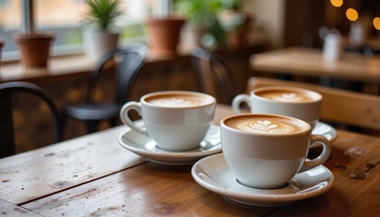 Obraz premium Warm coffee cups with latte art on rustic table, cozy café ambiance