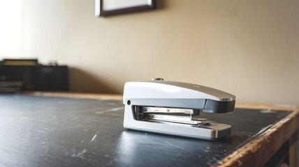 Modern White Stapler on Dark Wooden Desk in Minimalist Office Setting