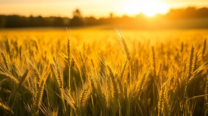 Fototapeta premium Golden Wheat Field at Sunrise with Warm Sunlight in Background