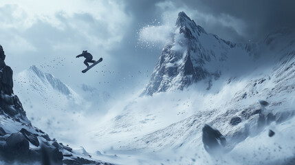 Freestyle Snowboarder Jumps High Over Snowy Mountain Landscape