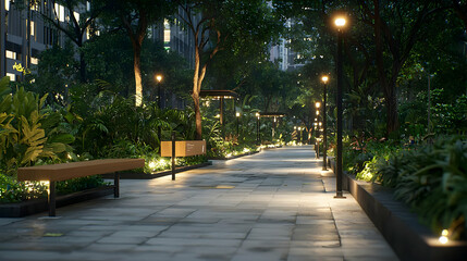 Obraz premium Illuminated Urban Park Pathway At Night With Street Lights Green Vegetation And Empty Bench In City