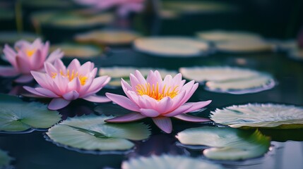 Water lilies blooming on a serene pond.