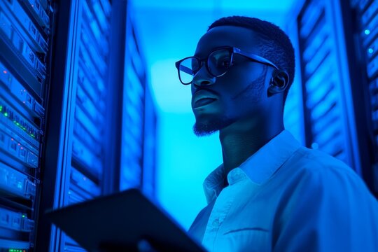 a man wearing glasses in a data center.
