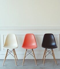 Three colorful chairs against a white wall.