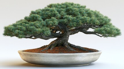 Fototapeta premium Elegant bonsai pine tree in ceramic pot on plain background