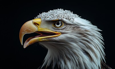Obraz premium a close-up portrait of a bald eagle with piercing gaze on black background.