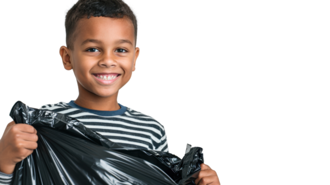 Young boy holding a garbage bag smiling on transparent background