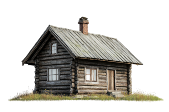 A rustic wooden cabin surrounded by lush grass on a bright sunny day in the countryside isolated on transparent background