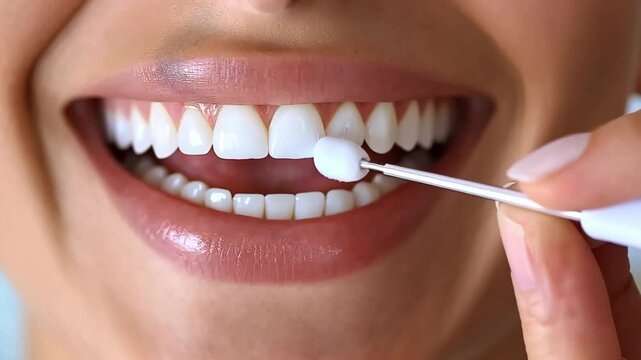 Close-up of a smiling woman using an oral irrigator or water flosser