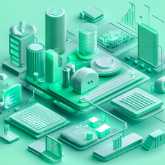 Fototapeta premium Isometric futuristic data center in mint green, depicting a digital cityscape with cloud computing, servers, and glowing connections. Symbolizing AI, big data, and modern technology infrastructure.