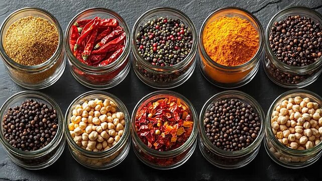 Colorful array of spices in glass jars on a dark stone surface