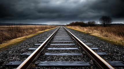 Fototapeta premium Railway tracks extend through a rural landscape, bordered by dry grass and trees, under a moody sky filled with dark clouds. scene conveys a sense of solitude and anticipation