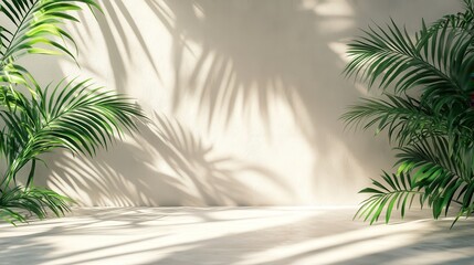 Fototapeta premium A beautiful tropical plant tree foliage background in sunlight with a shadow cast by the leaves on the counter and a white wall behind it for a premium summer, nature, hygiene organic product display