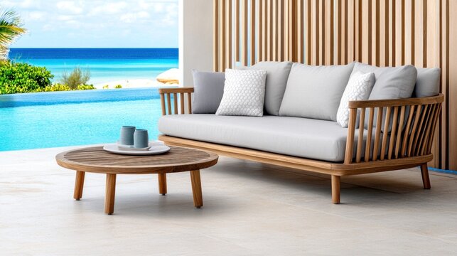 modern outdoor lounge area features a comfortable gray sofa and wooden coffee table, surrounded by a stunning ocean view. setting is peaceful under a clear blue sky
