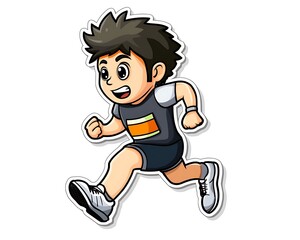 Cartoon boy jogging, sticker style, white background, fitness illustration